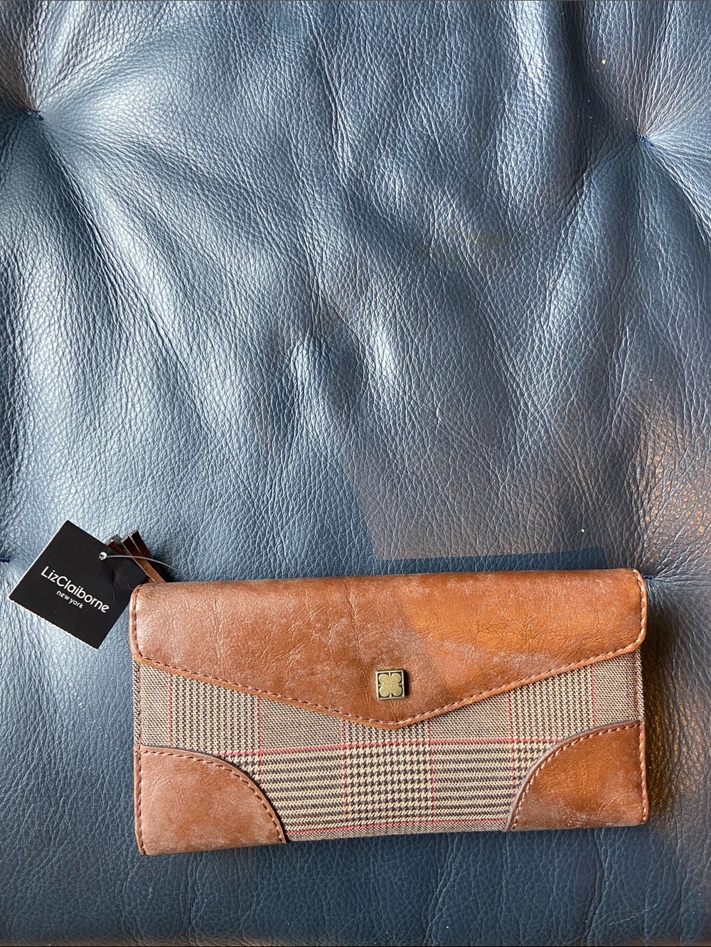 Liz Claiborne Brown Leather & Plaid Continental Wallet